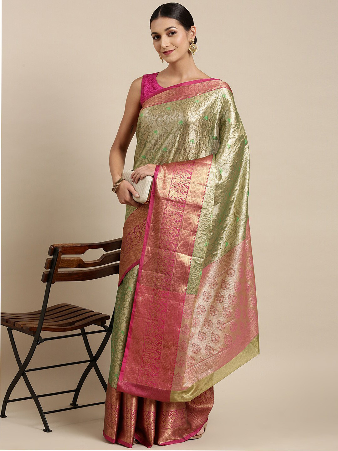 

The Chennai Silks Green & Pink Woven Design Zari Organza Banarasi Saree