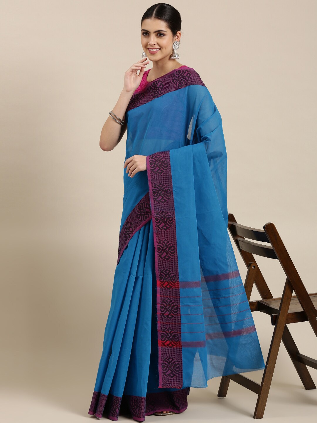 

The Chennai Silks Blue Pure Cotton Fusion Chettinad Saree