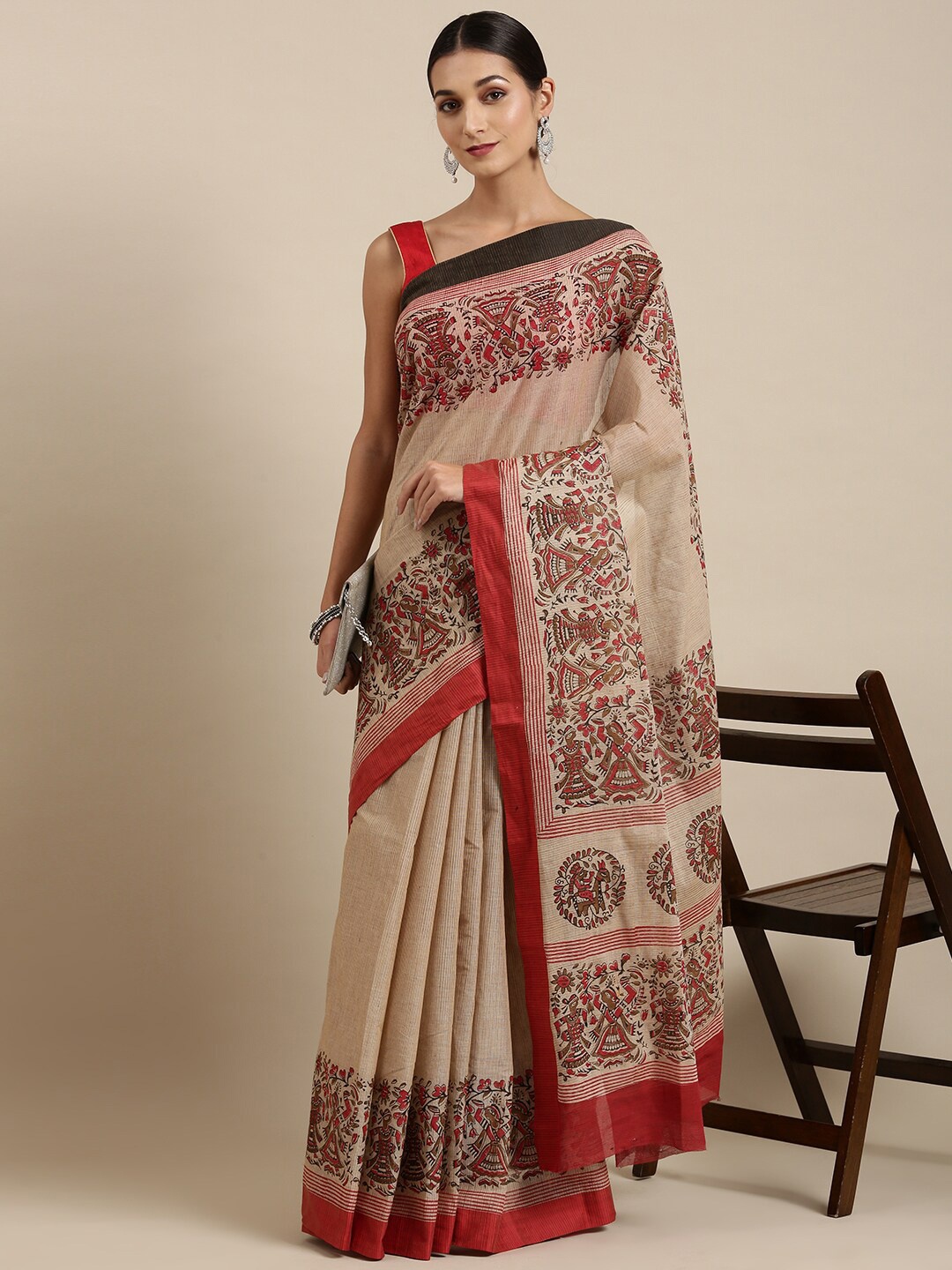 

The Chennai Silks Beige & Red Floral Pure Cotton Chanderi Saree