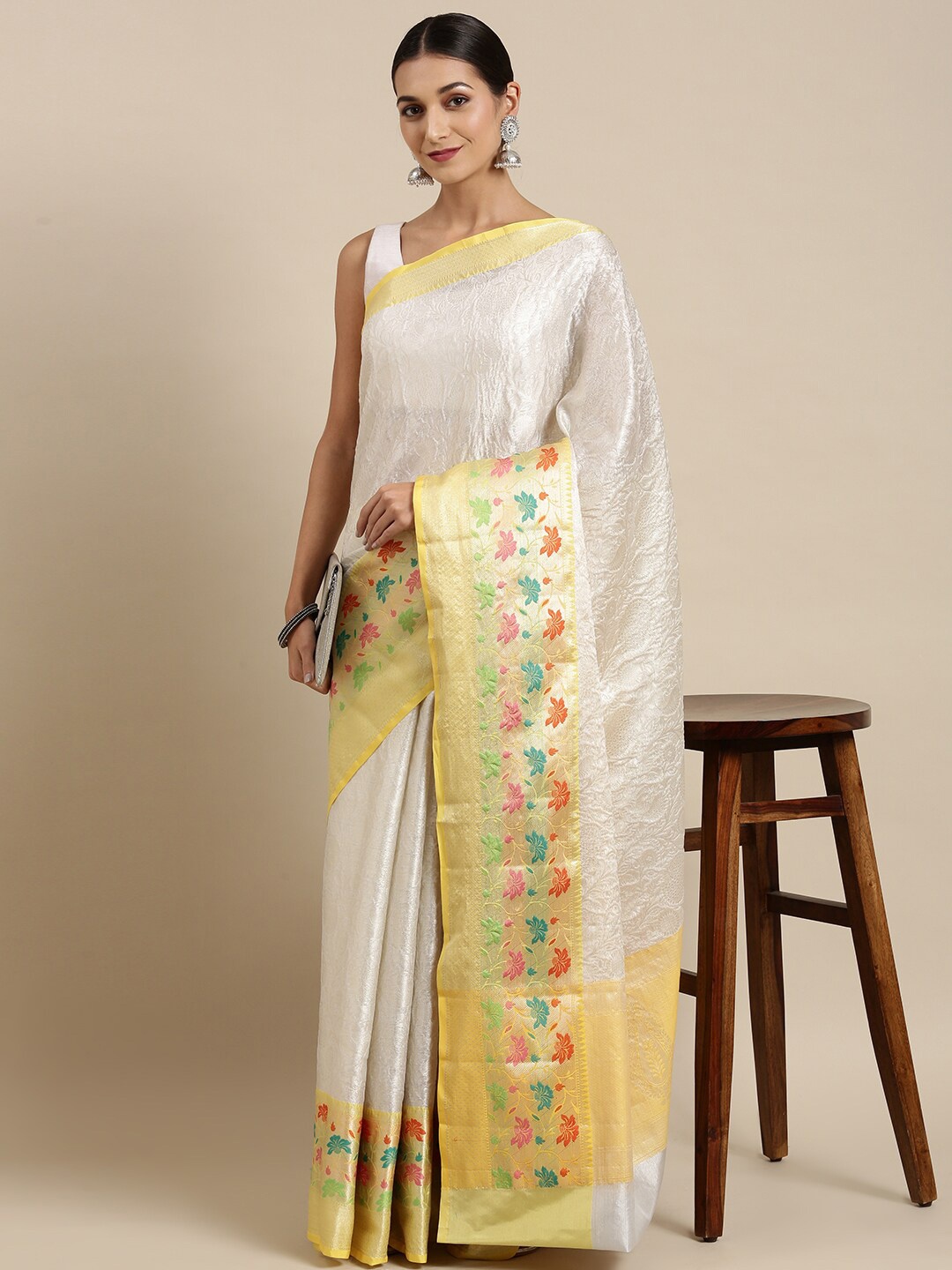 

The Chennai Silks Yellow & Green Floral Zari Organza Fusion Banarasi Saree