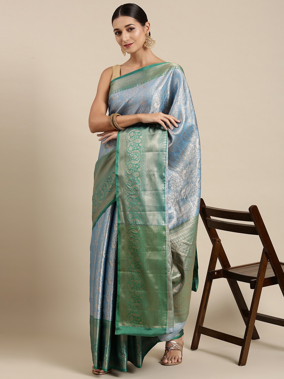 

The Chennai Silks Blue & Green Floral Zari Organza Fusion Banarasi Saree