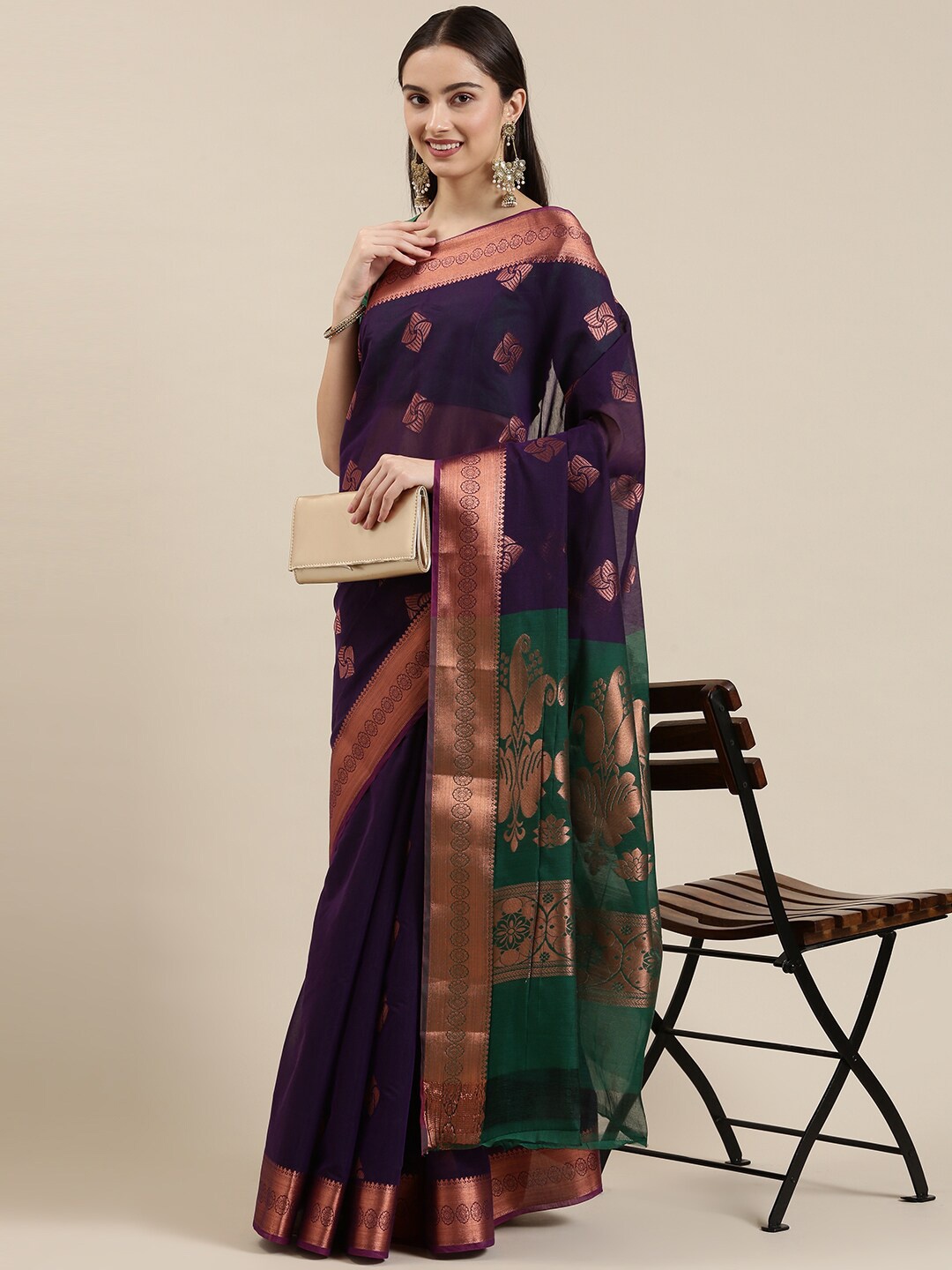 

The Chennai Silks Purple & Green Woven Design Zari Silk Cotton Fusion Maheshwari Saree