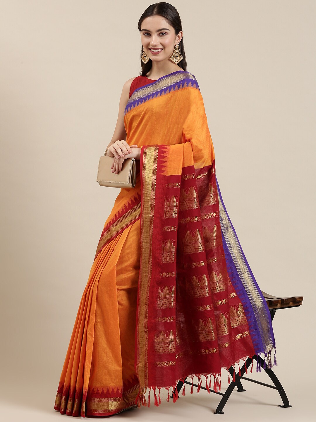 

The Chennai Silks Orange & Maroon Zari Fusion Saree
