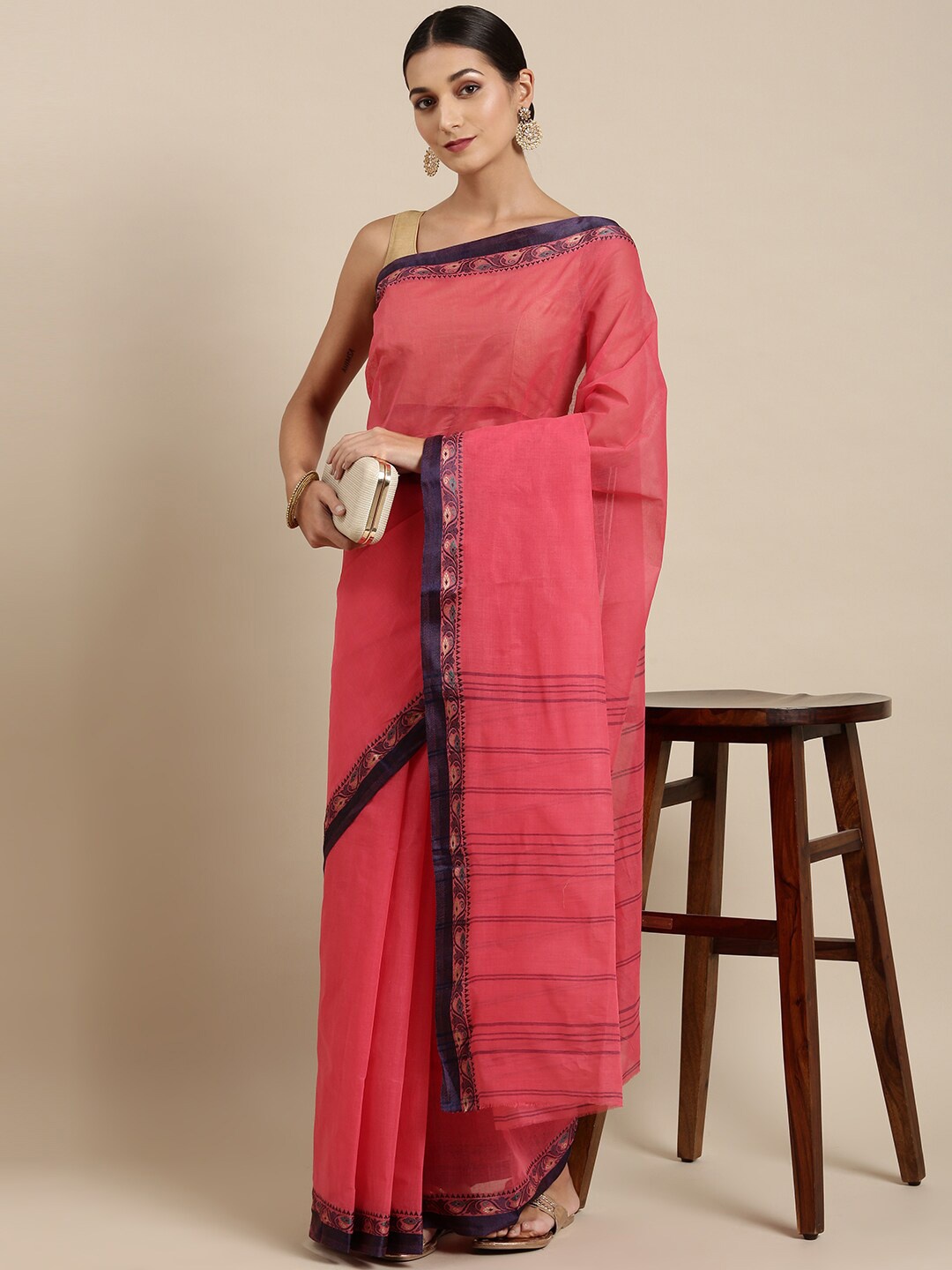 

The Chennai Silks Pink & Navy Blue Pure Cotton Taant Saree