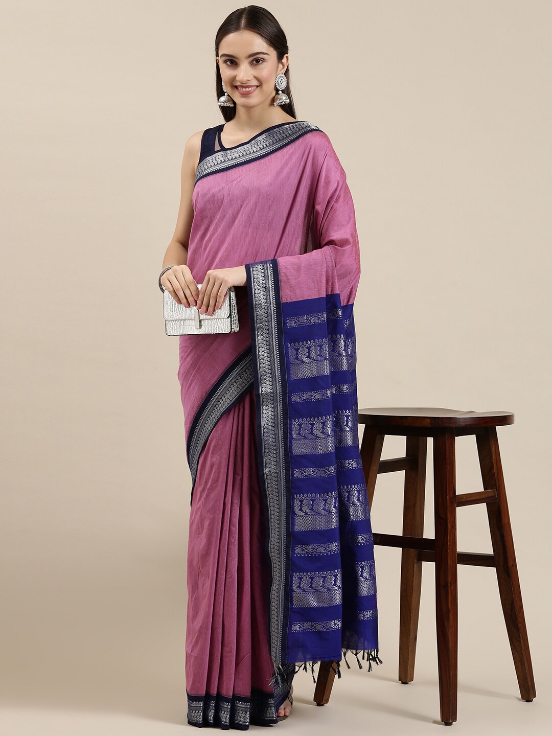 

The Chennai Silks Pink & Navy Blue Zari Fusion Saree