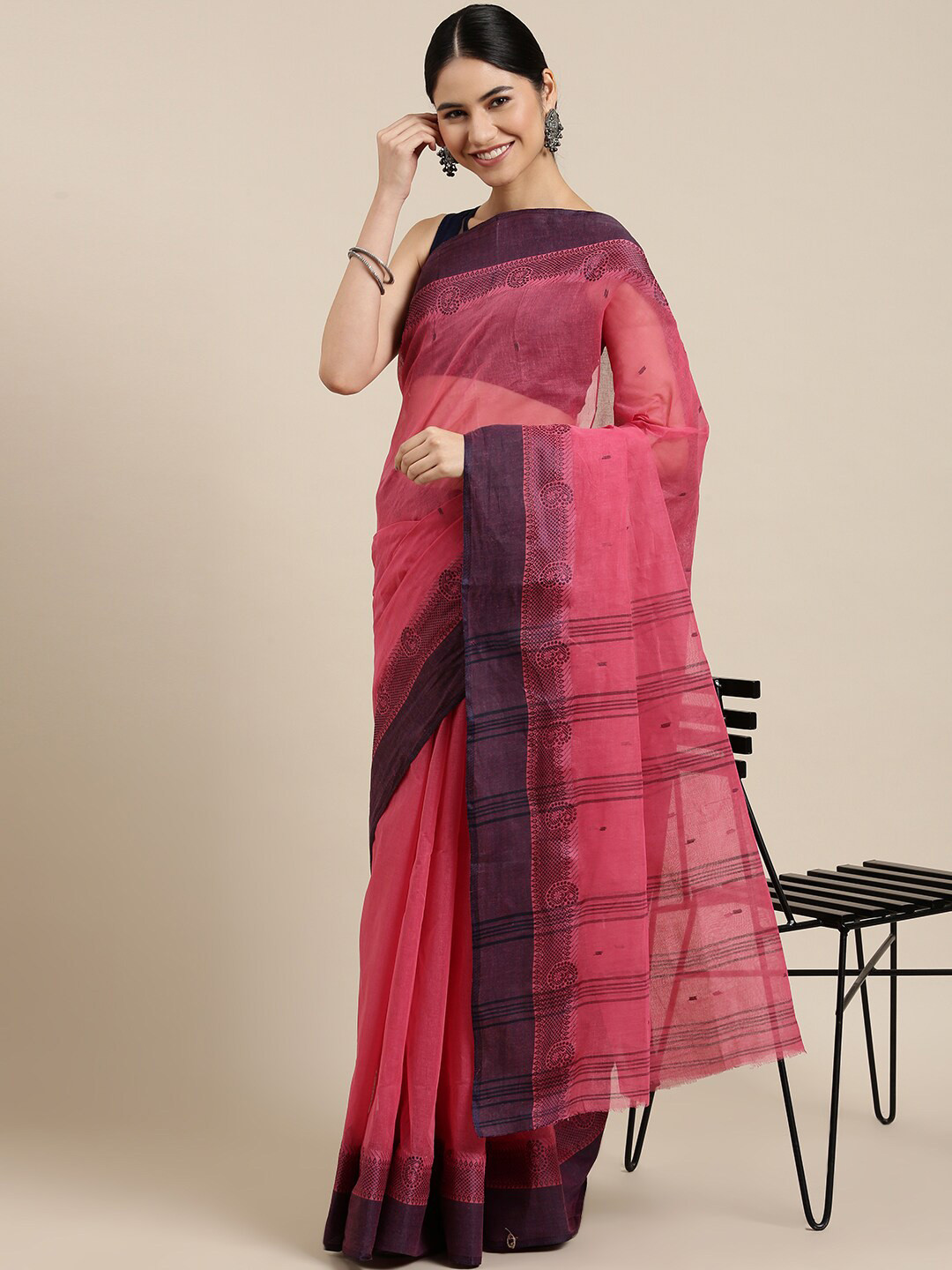 

The Chennai Silks Pink & Purple Woven Design Pure Cotton Taant Saree