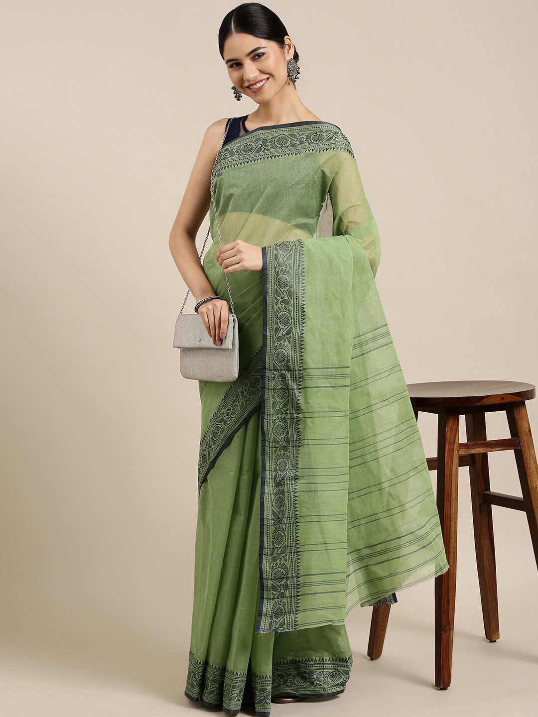 

The Chennai Silks Green Pure Cotton Fusion Taant Saree