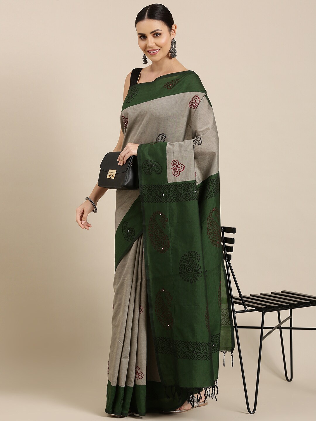 

The Chennai Silks Grey & Green Floral Mirror Work Block Print Saree