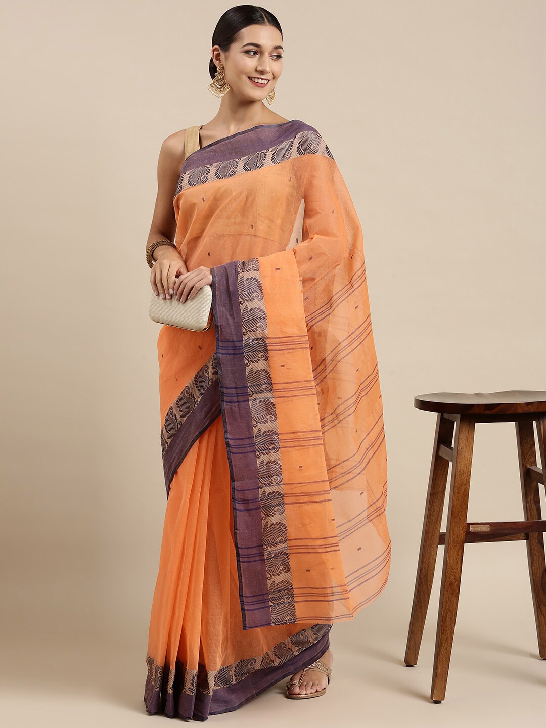 

The Chennai Silks Orange & Purple Ethnic Motifs Pure Cotton Fusion Taant Saree