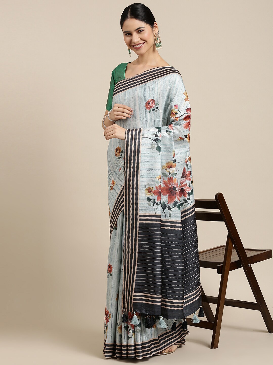 

The Chennai Silks Blue & Grey Floral Pure Cotton Fusion Saree