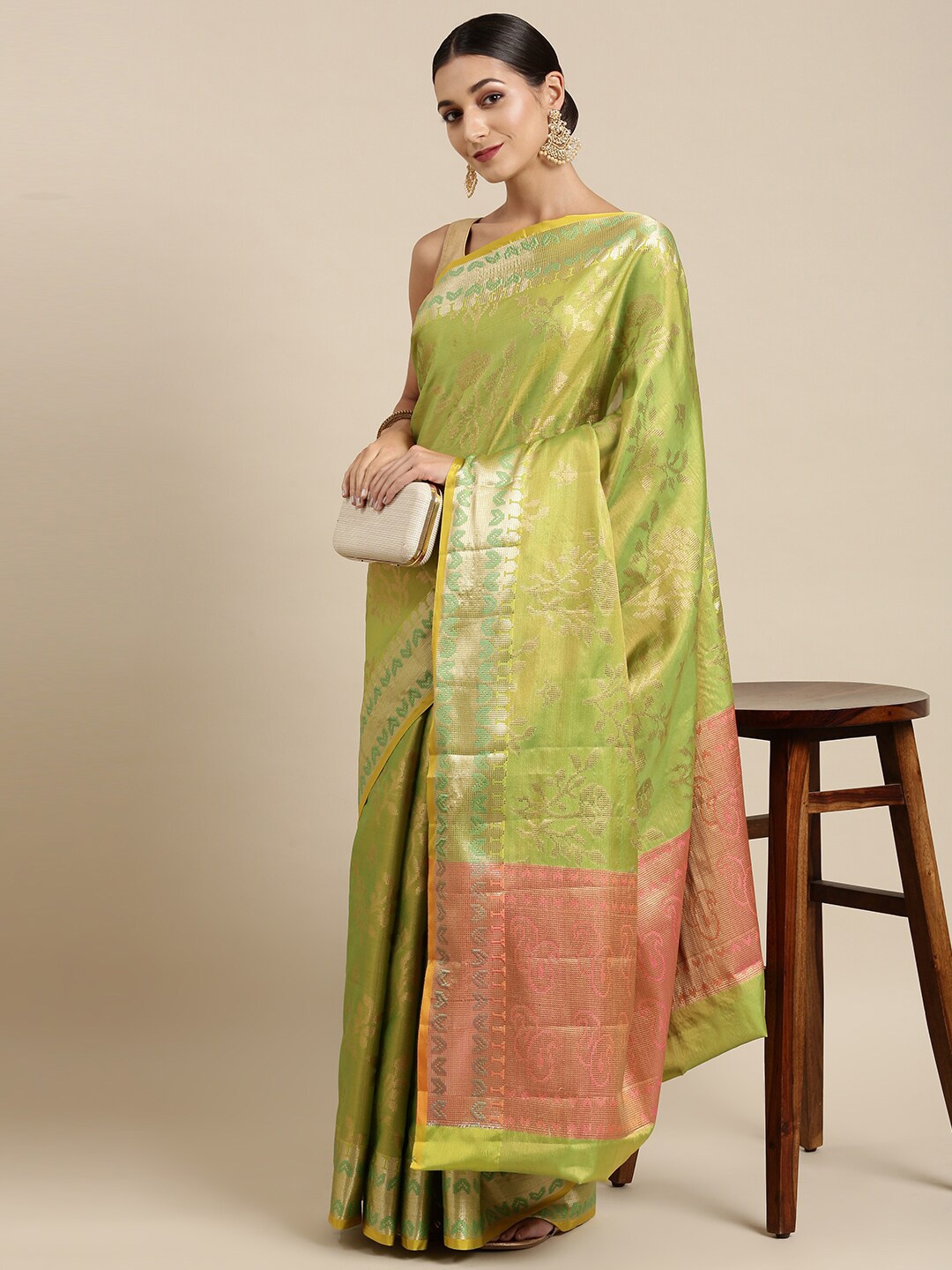

The Chennai Silks Green Floral Zari Organza Fusion Banarasi Saree
