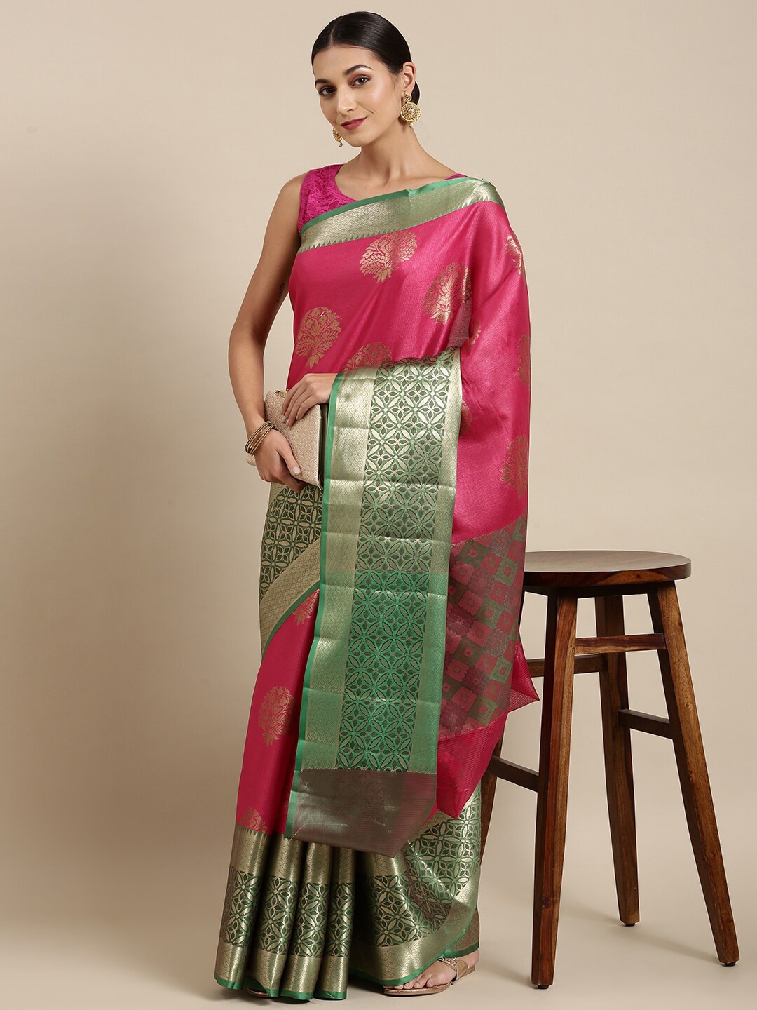 

The Chennai Silks Pink & Green Ethnic Motifs Zari Organza Fusion Banarasi Saree