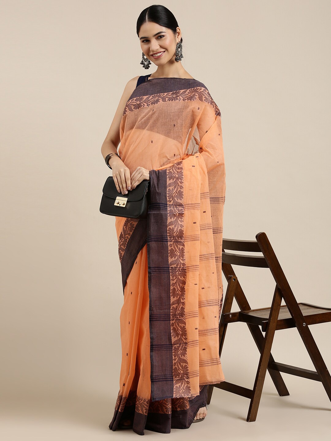 

The Chennai Silks Orange & Black Woven Design Pure Cotton Taant Saree