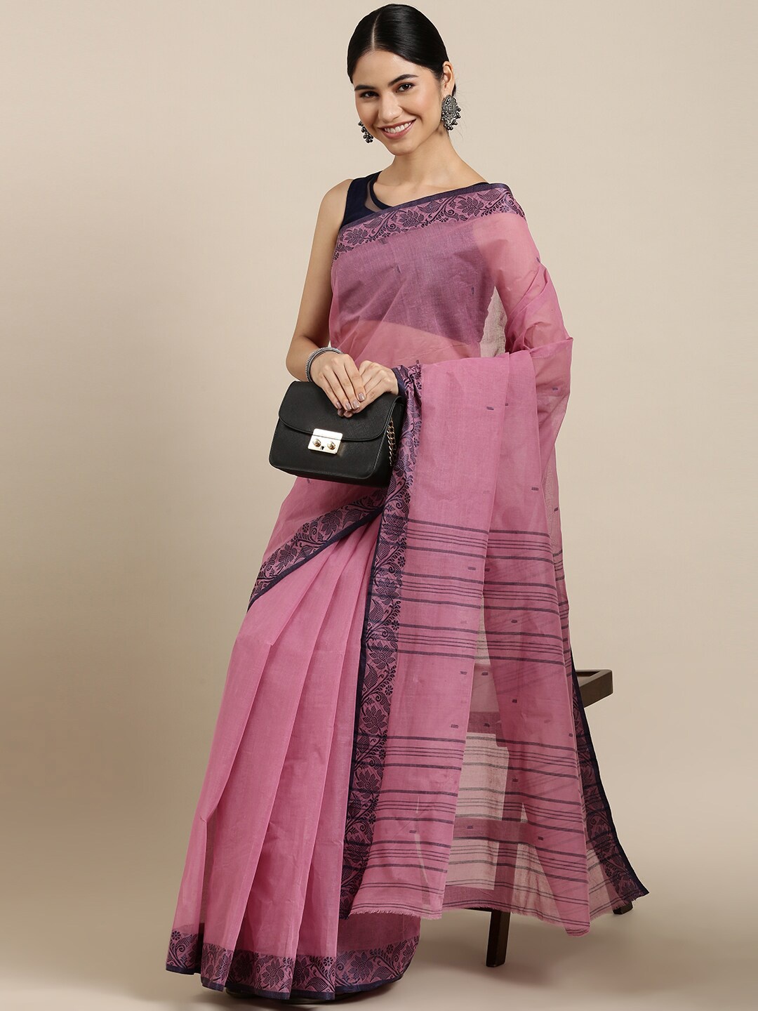 

The Chennai Silks Pink & Blue Ethnic Motifs Pure Cotton Fusion Taant Saree