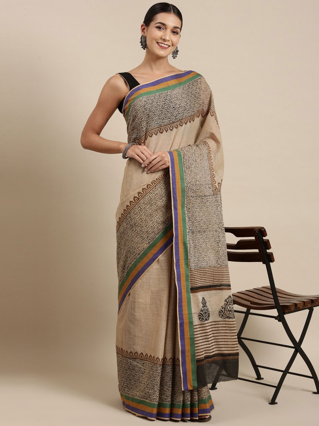 

The Chennai Silks Beige & Green Floral Pure Cotton Fusion Chanderi Saree