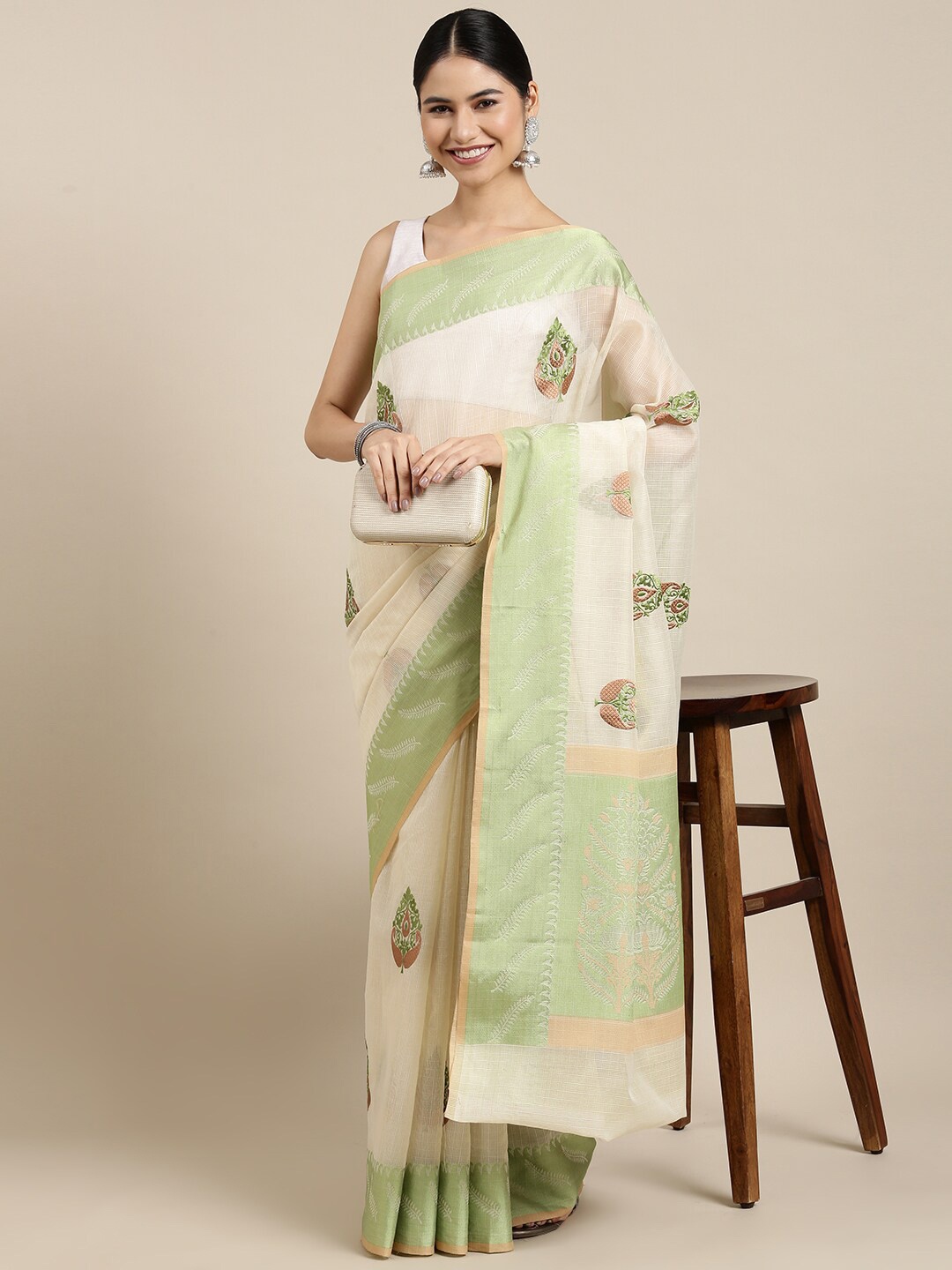 

The Chennai Silks Cream-Coloured & Green Ethnic Motifs Embroidered Supernet Kota Saree