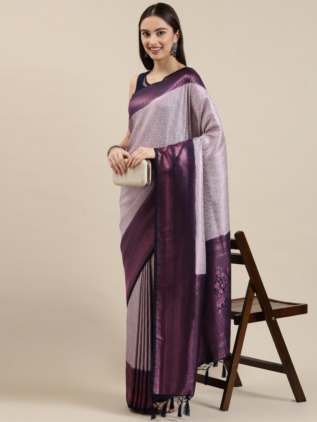 

The Chennai Silks Grey & Purple Ethnic Motifs Art Silk Fusion Banarasi Saree