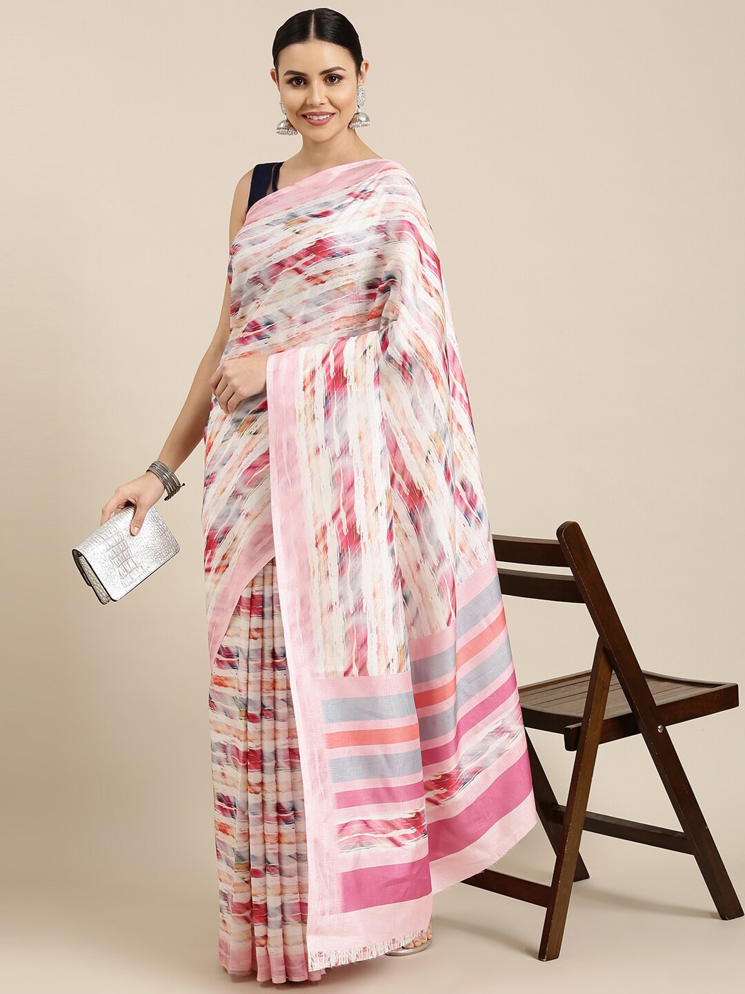 

The Chennai Silks White & Pink Pure Cotton Fusion Saree