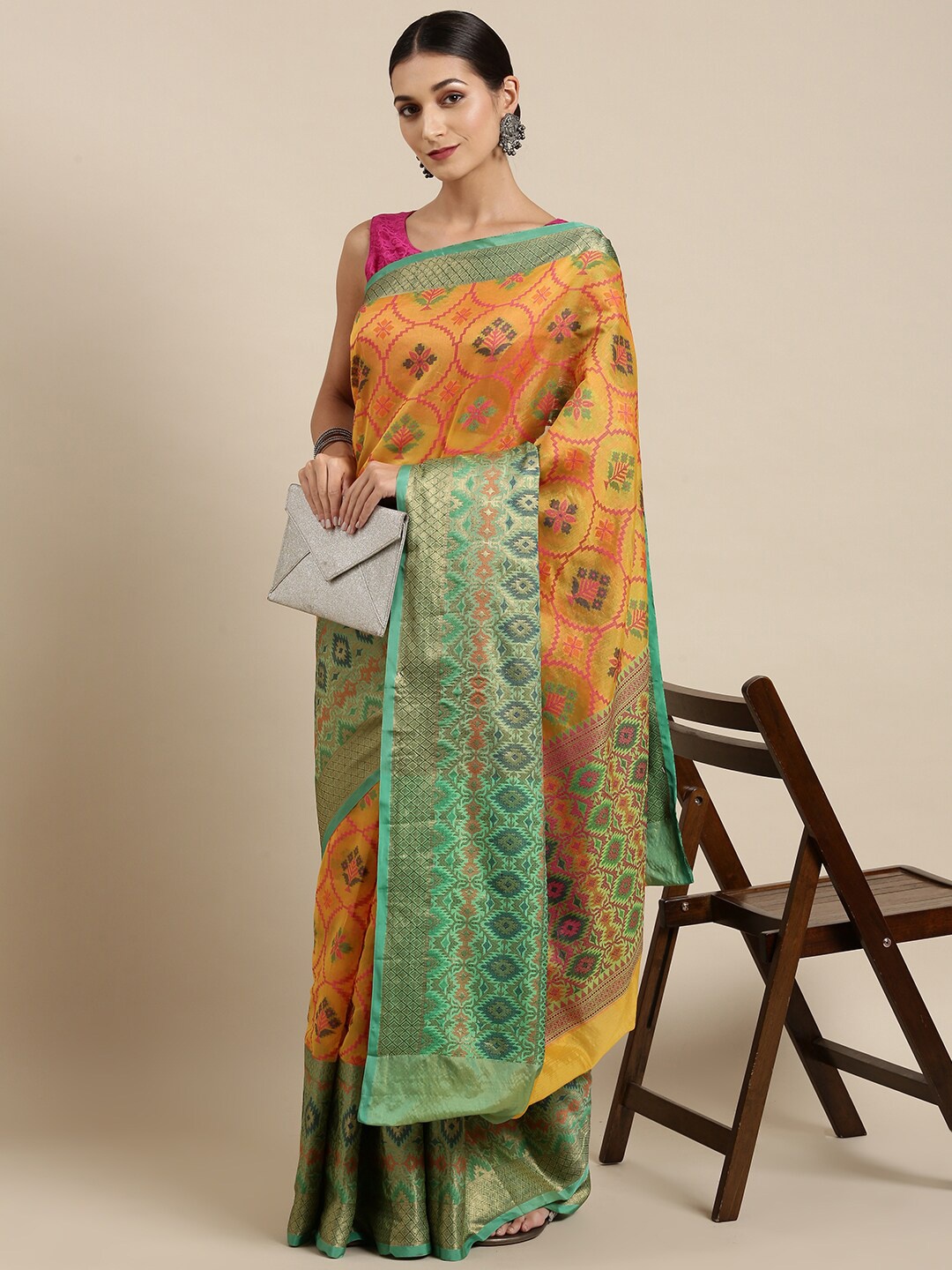 

The Chennai Silks Yellow & Green Zari Organza Fusion Banarasi Saree
