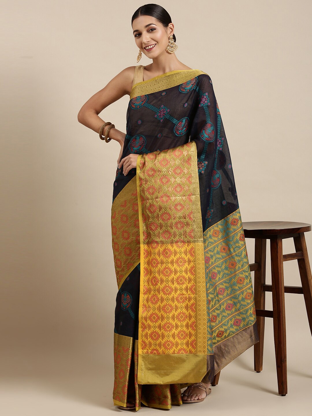 

The Chennai Silks Black & Yellow Woven Design Zari Organza Banarasi Saree