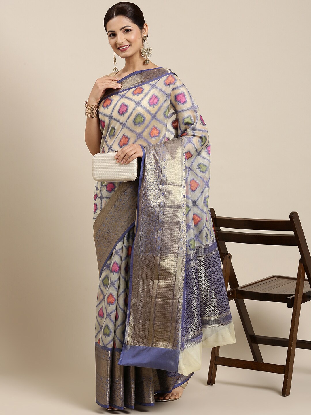 

The Chennai Silks Cream-Coloured & Blue Zari Organza Fusion Banarasi Saree