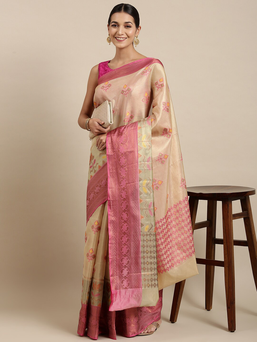 

The Chennai Silks Cream-Coloured & Pink Floral Zari Organza Fusion Banarasi Saree