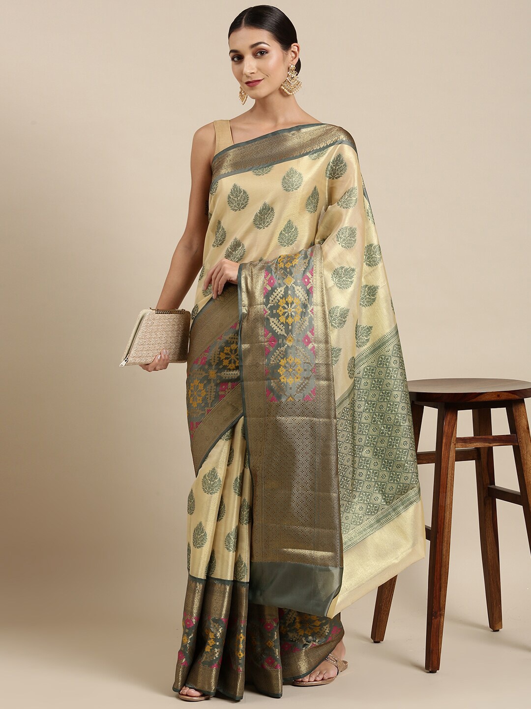 

The Chennai Silks Cream-Coloured & Green Floral Organza Banarasi Saree