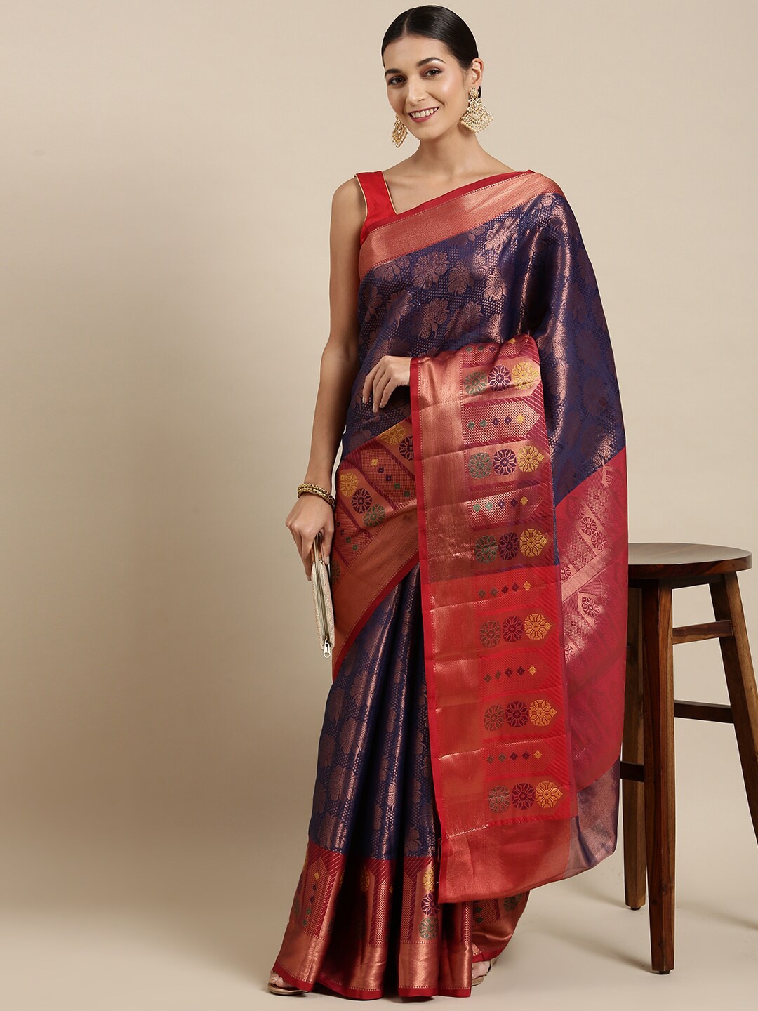 

The Chennai Silks Navy Blue & Red Floral Zari Organza Fusion Banarasi Saree