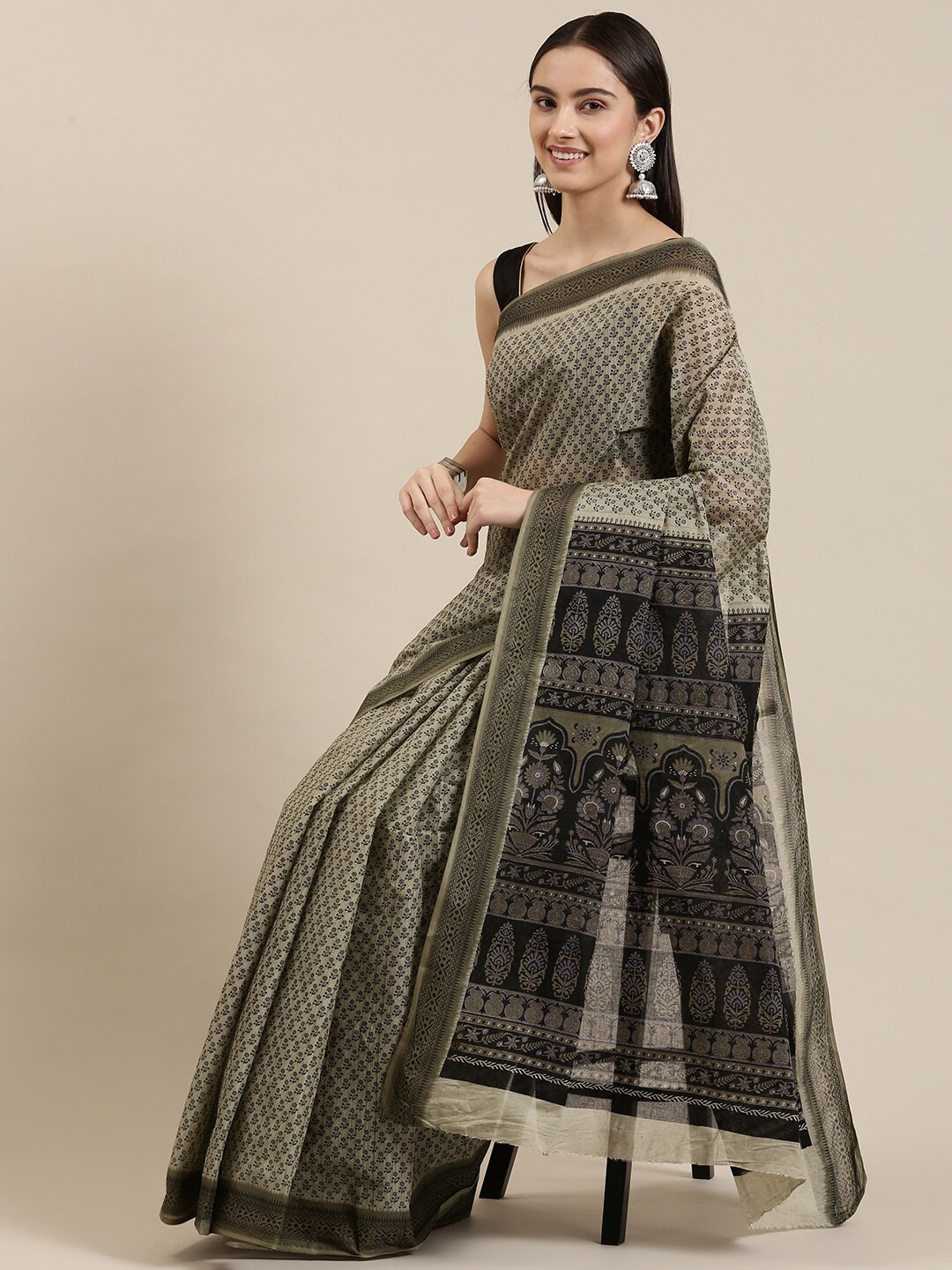 

The Chennai Silks Beige & Grey Floral Pure Cotton Fusion Saree