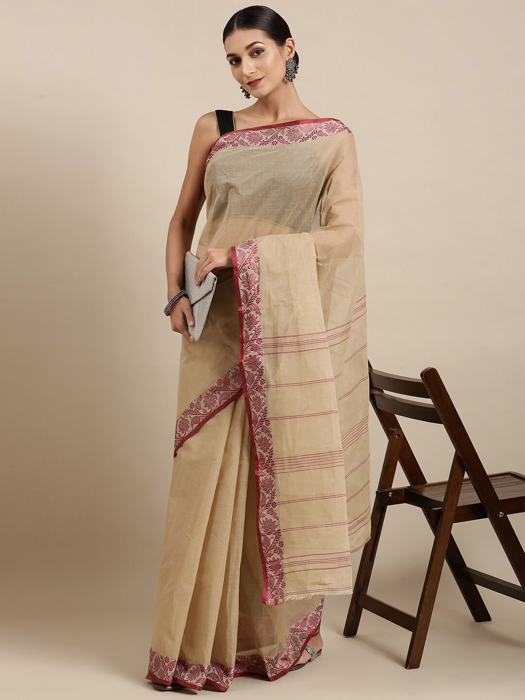 

The Chennai Silks Beige & Pink Pure Cotton Taant Saree