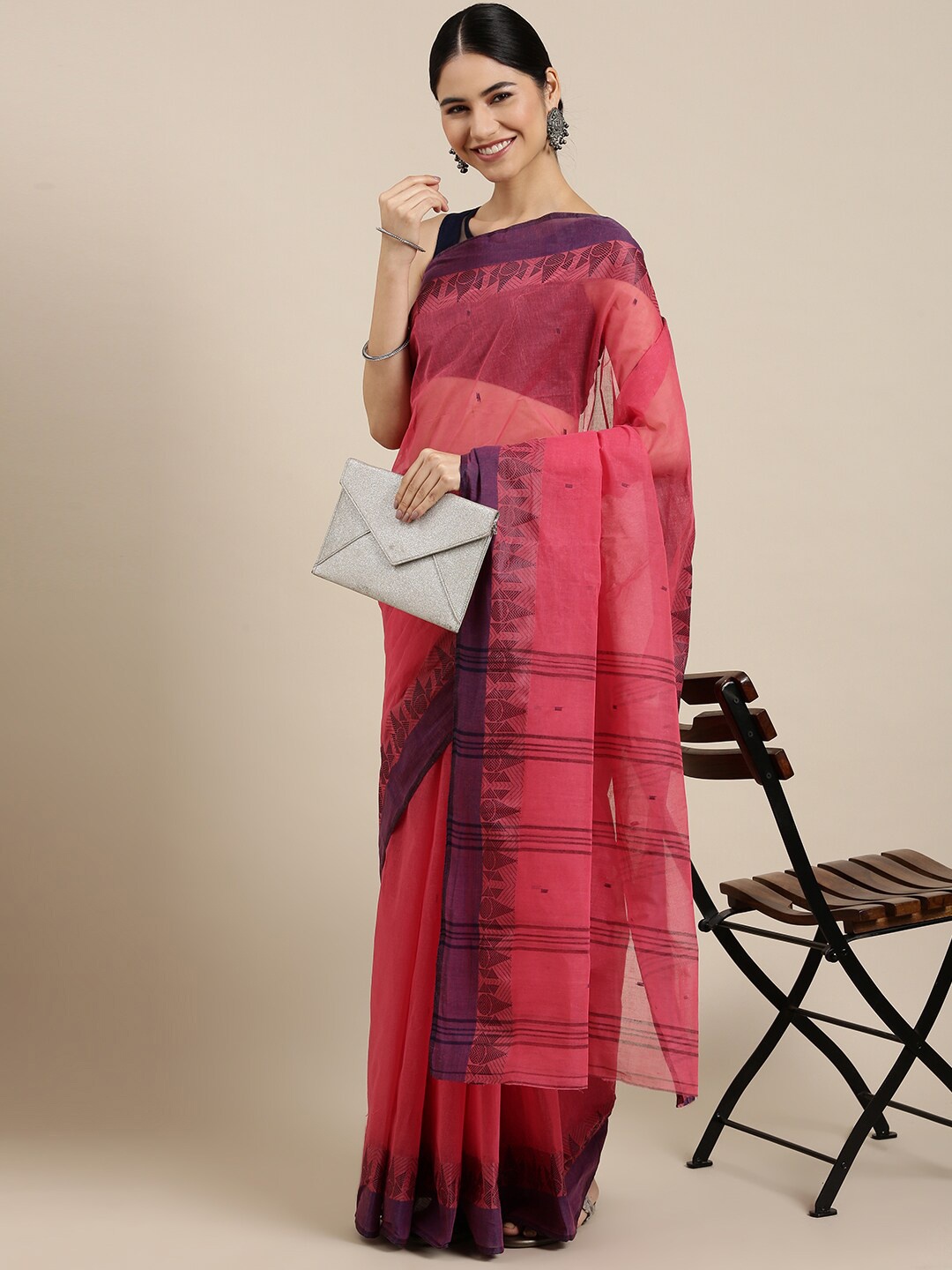 

The Chennai Silks Pink & Purple Ethnic Motifs Pure Cotton Fusion Taant Saree