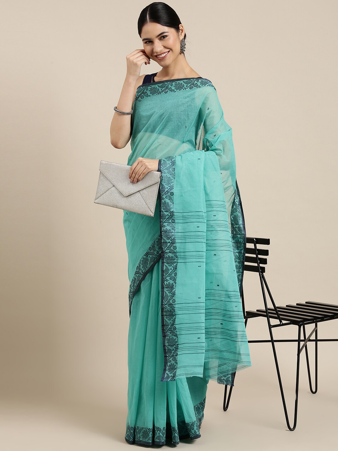 

The Chennai Silks Sea Green & Black Ethnic Motifs Pure Cotton Taant Saree
