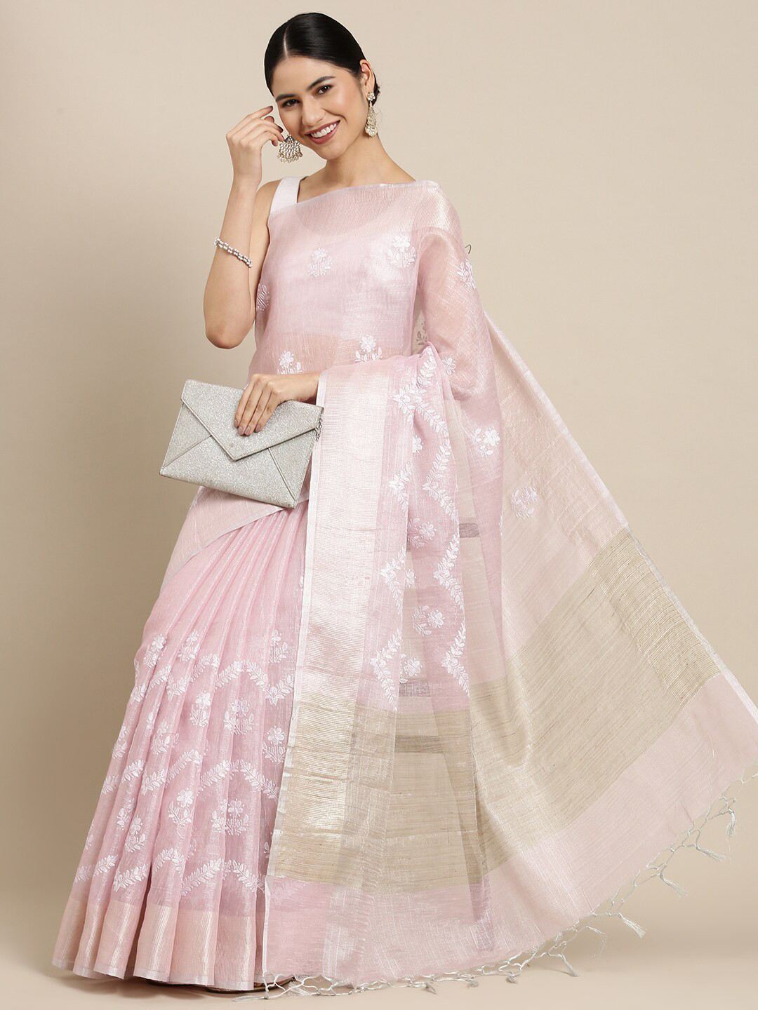 

The Chennai Silks Pink & White Floral Embroidered Supernet Fusion Kota Saree