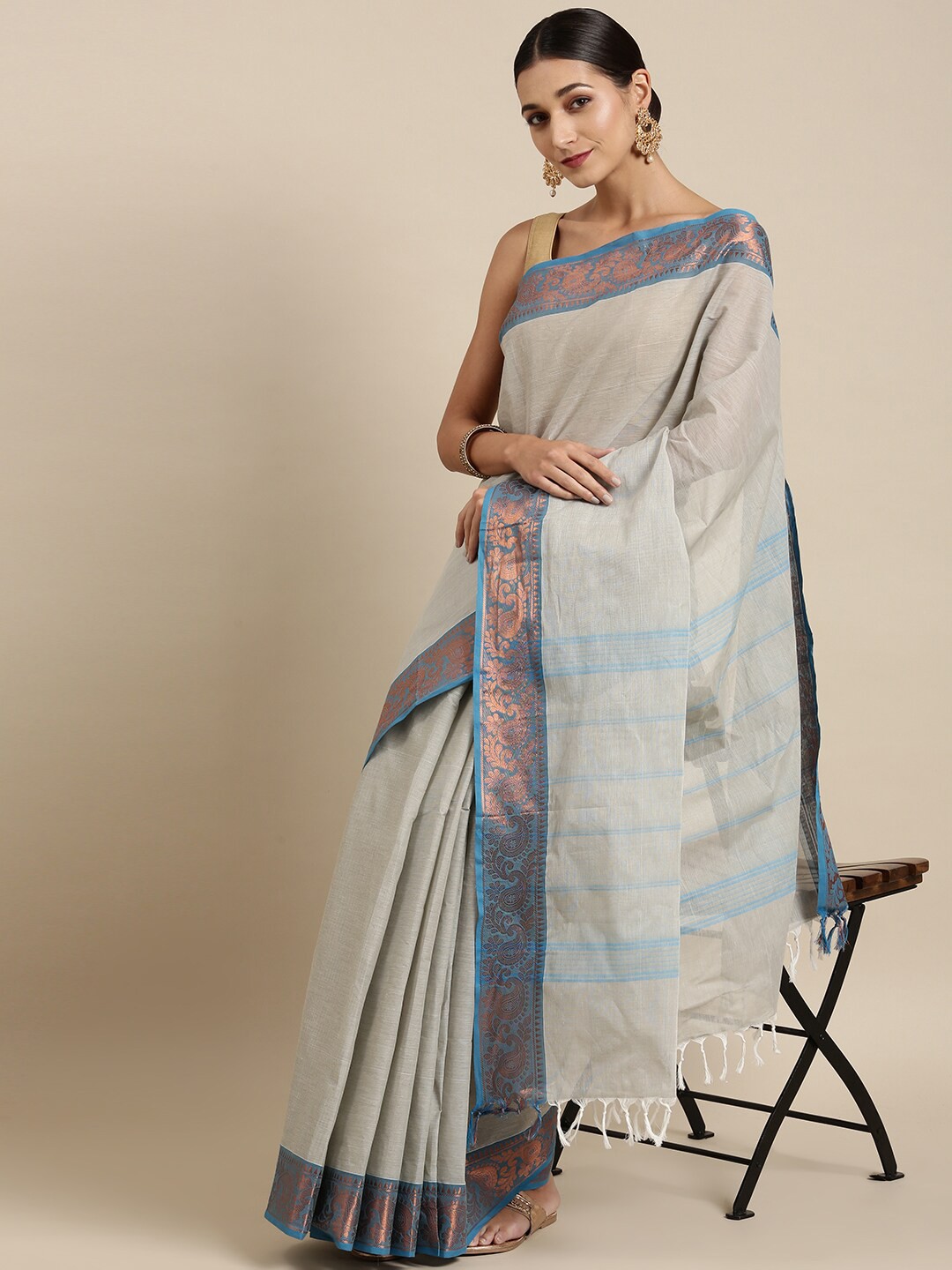 

The Chennai Silks Grey & Blue Pure Cotton Chettinad Saree