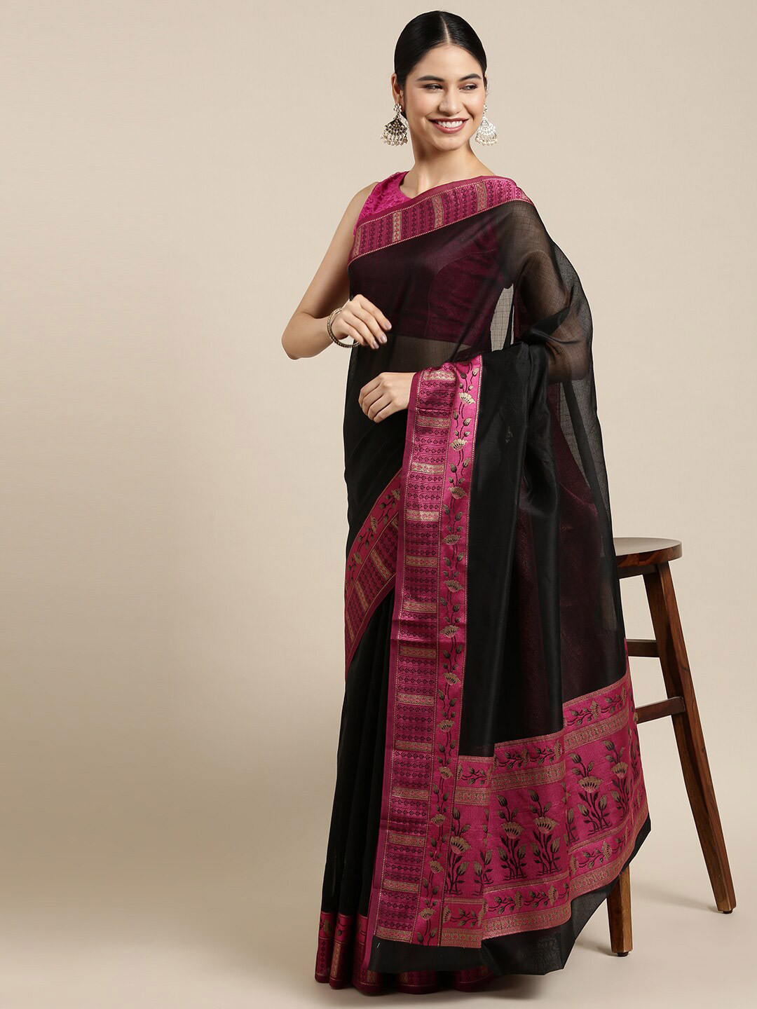 

The Chennai Silks Black & Pink Supernet Fusion Kota Saree