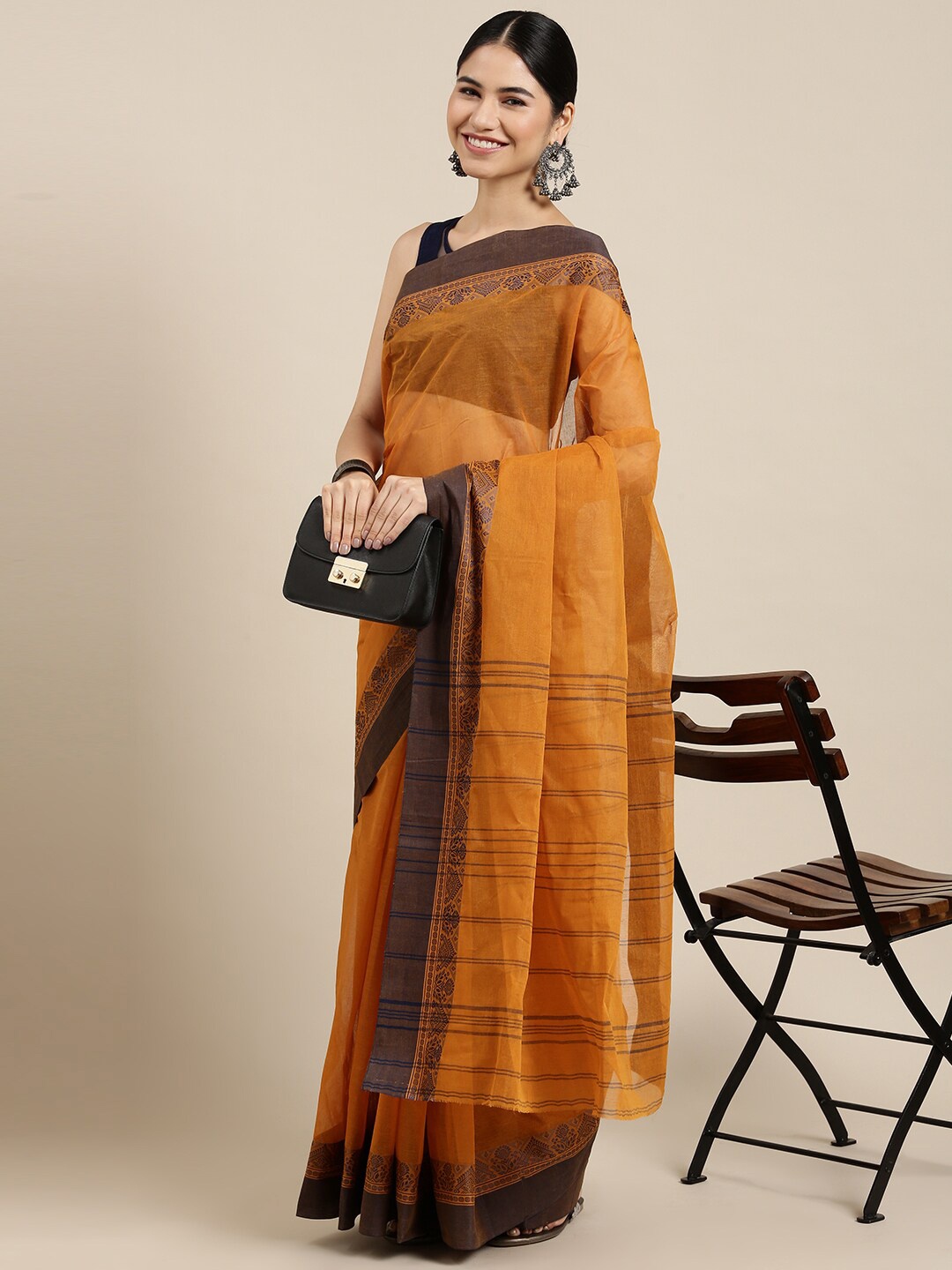 

The Chennai Silks Mustard & Black Pure Cotton Taant Saree
