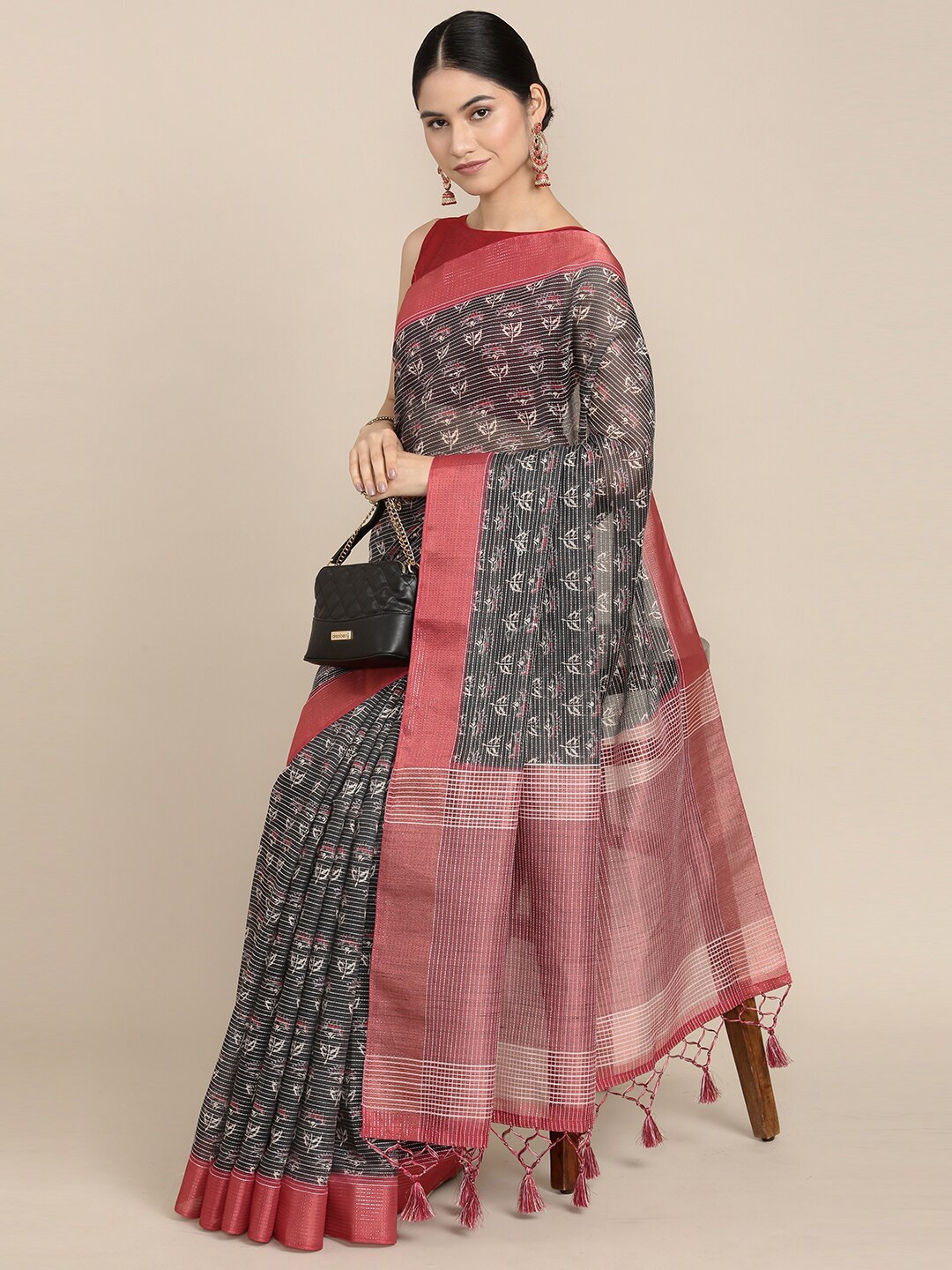 

The Chennai Silks Black & Red Floral Embroidered Pure Cotton Fusion Saree