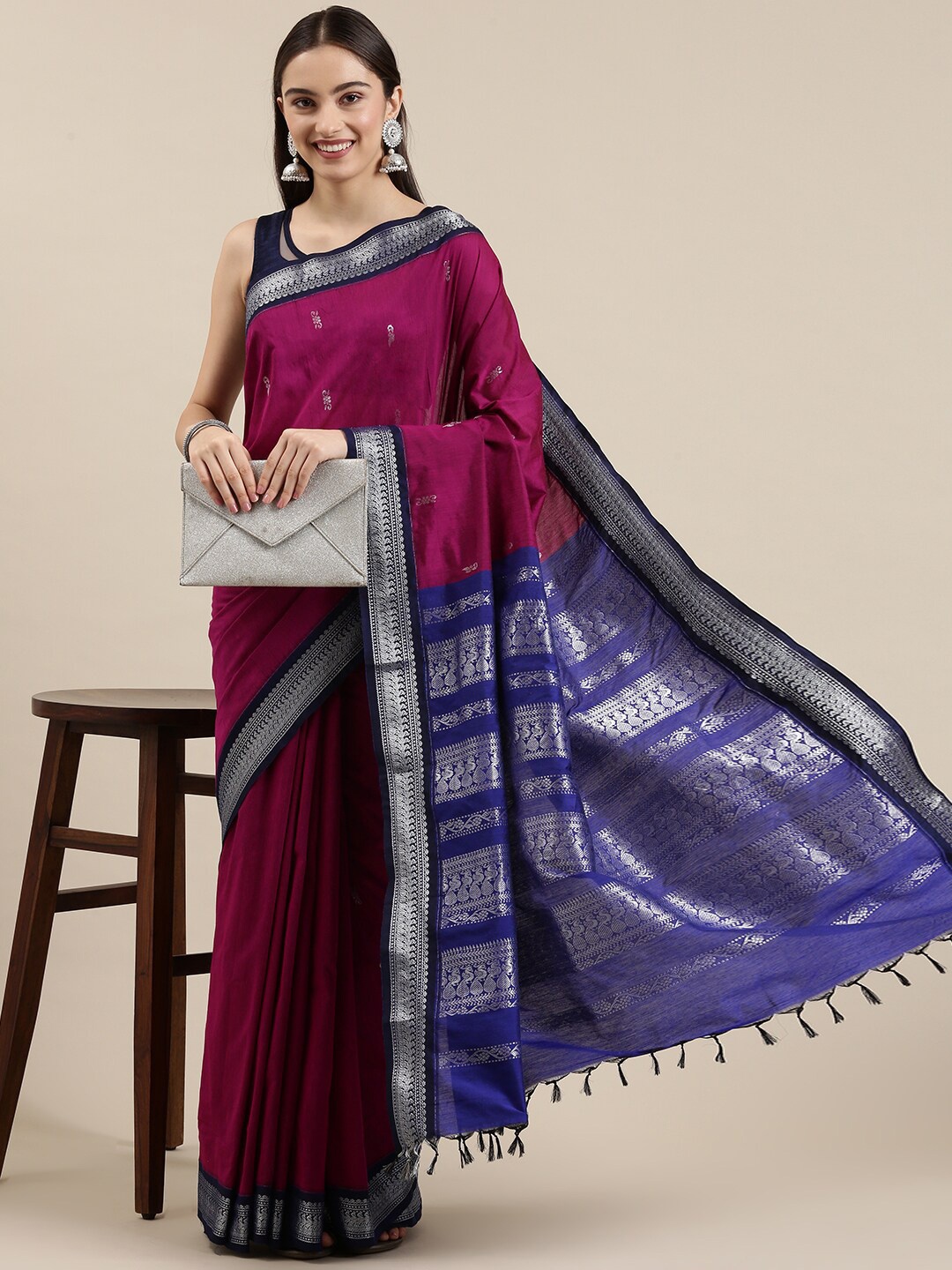 

The Chennai Silks Magenta & Blue Woven Design Zari Fusion Saree