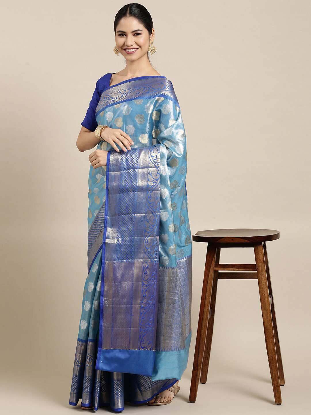 

The Chennai Silks Blue & Silver-Toned Woven Design Organza Banarasi Saree