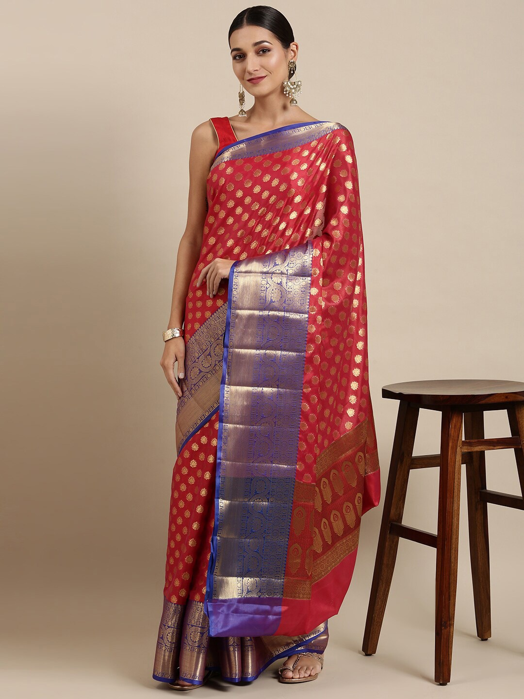 

The Chennai Silks Red & Blue Floral Zari Organza Fusion Banarasi Saree