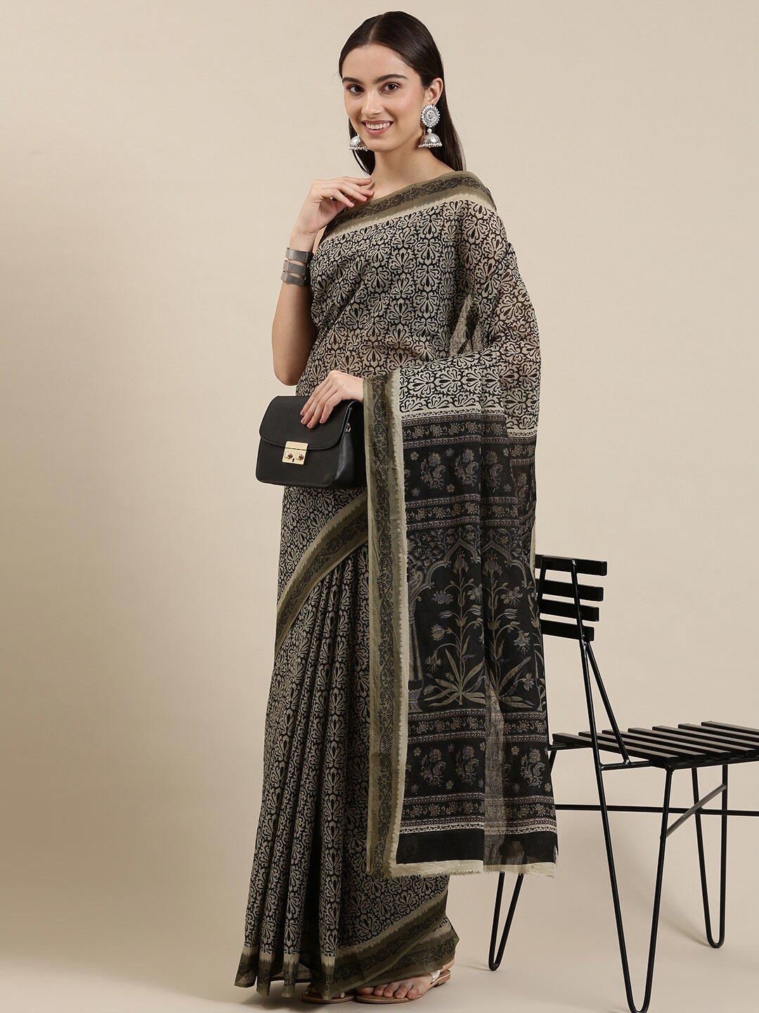 

The Chennai Silks Beige, Grey & Black Floral Pure Cotton Fusion Saree
