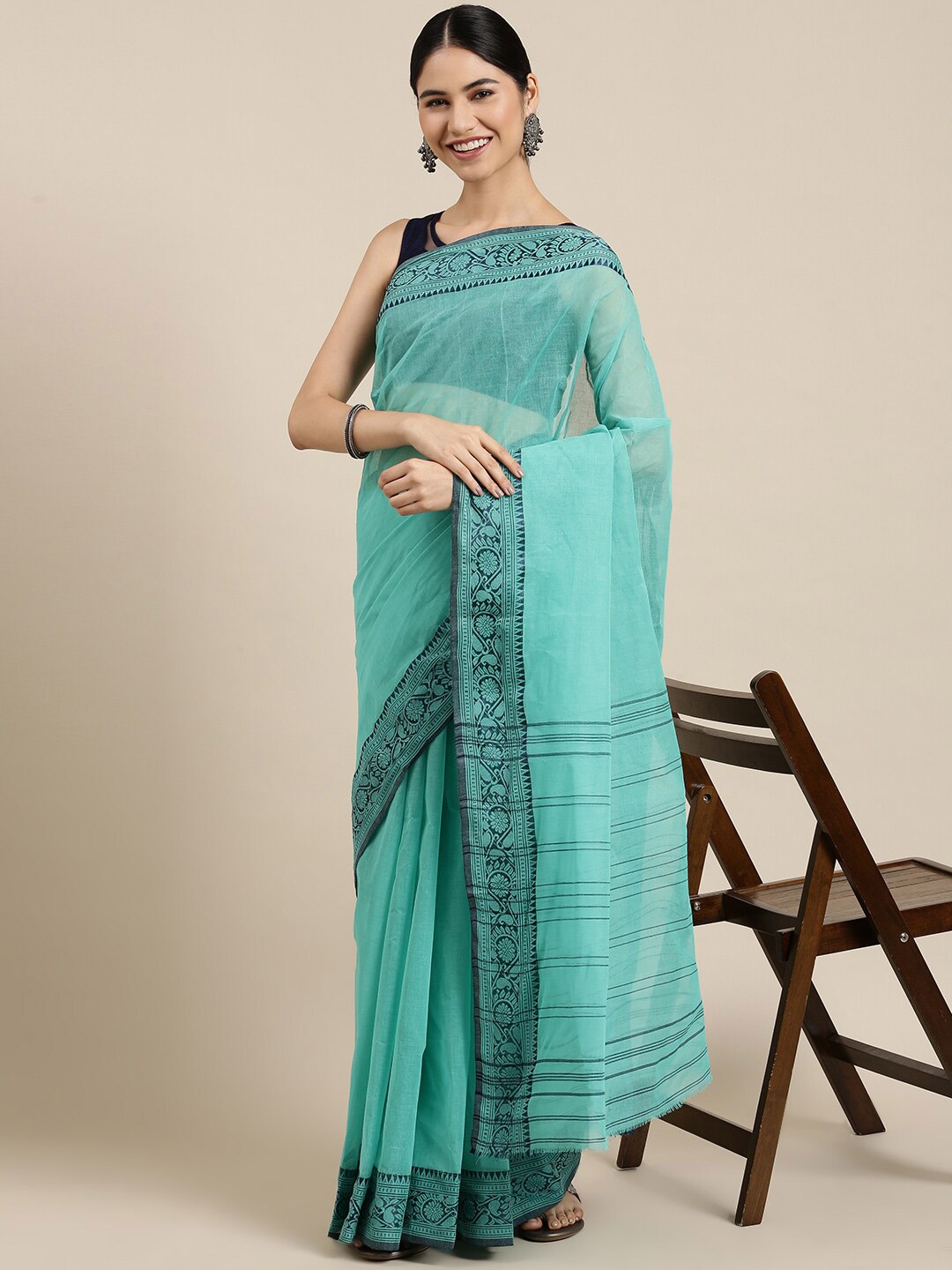 

The Chennai Silks Sea Green Pure Cotton Fusion Taant Saree