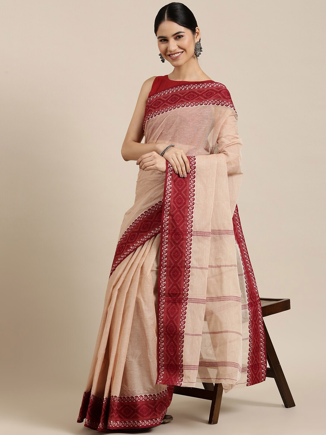 

The Chennai Silks Coffee Brown & Maroon Pure Cotton Fusion Taant Saree