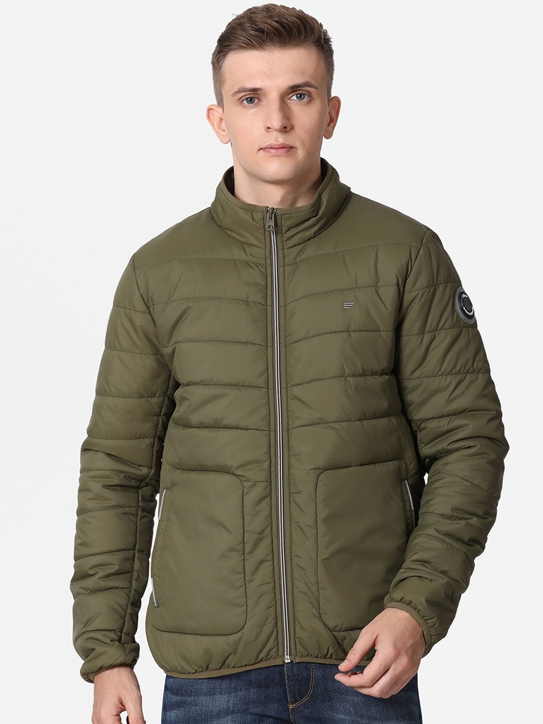 

t-base Men Olive Green Windcheater and Water Resistant Puffer Jacket