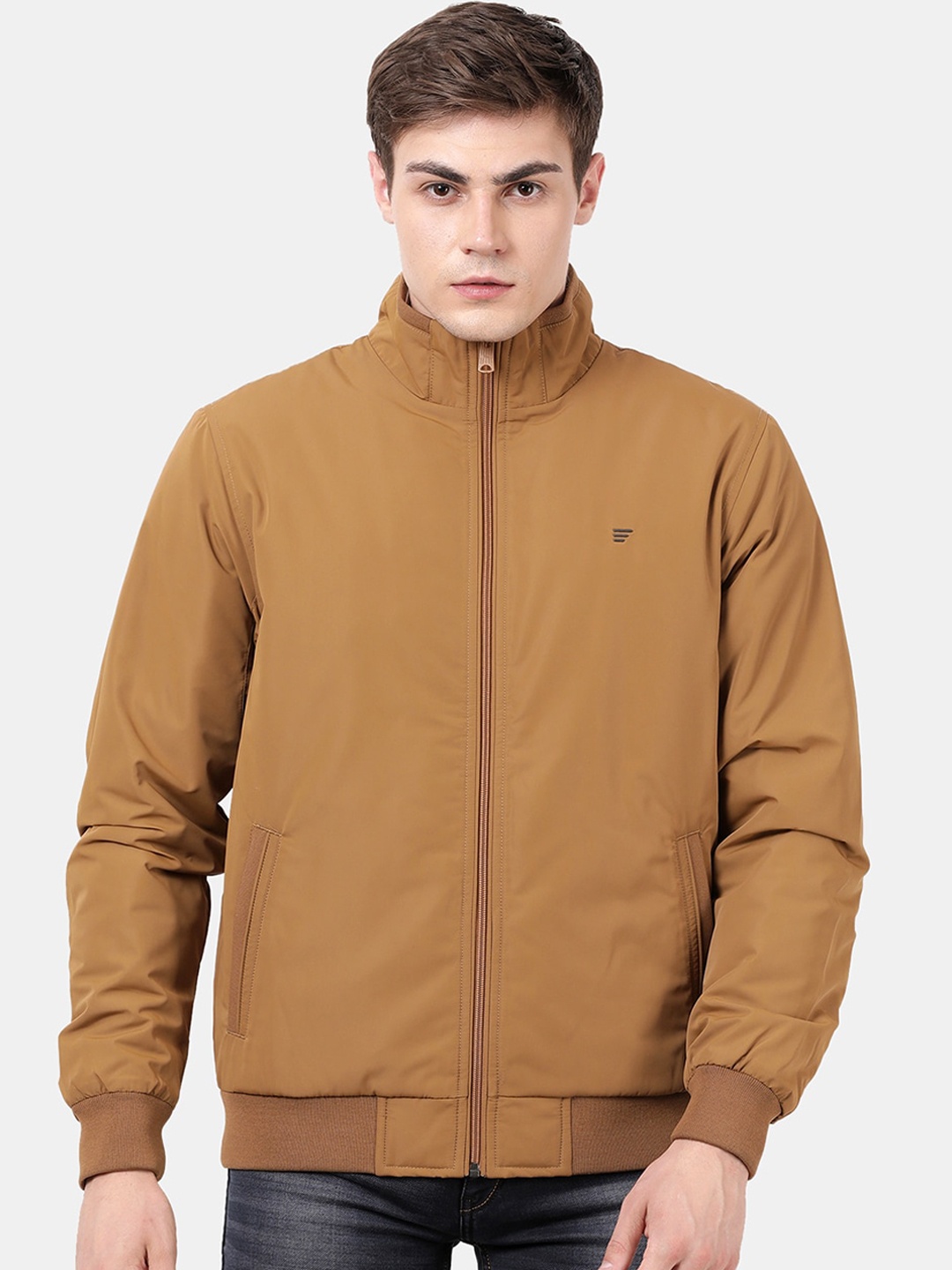 

t-base Men Tan Windcheater and Water Resistant Bomber with Embroidered Jacket