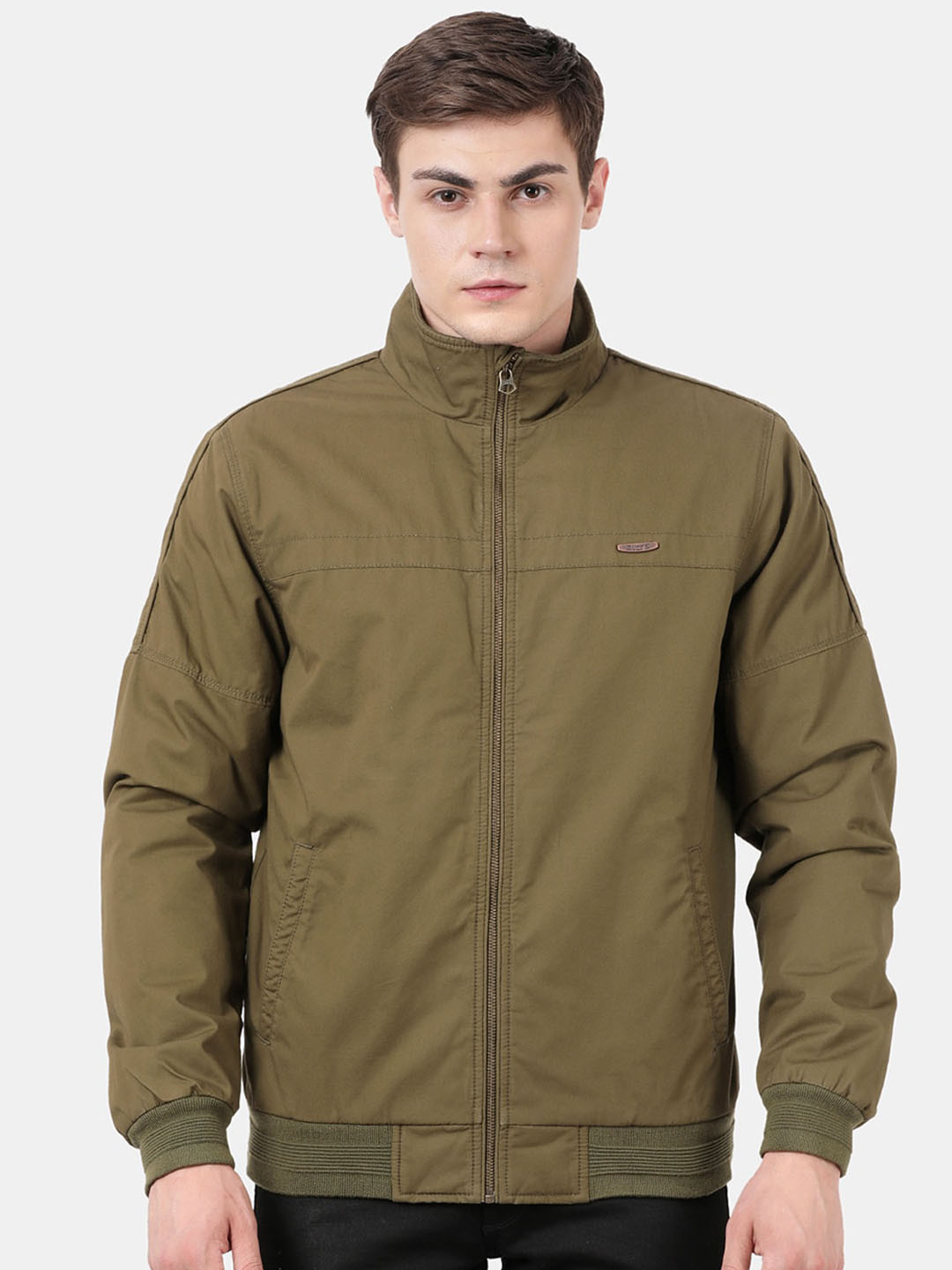 

t-base Men Olive Green Solid Windcheater and Water Resistant Mock Collar Bomber Jacket