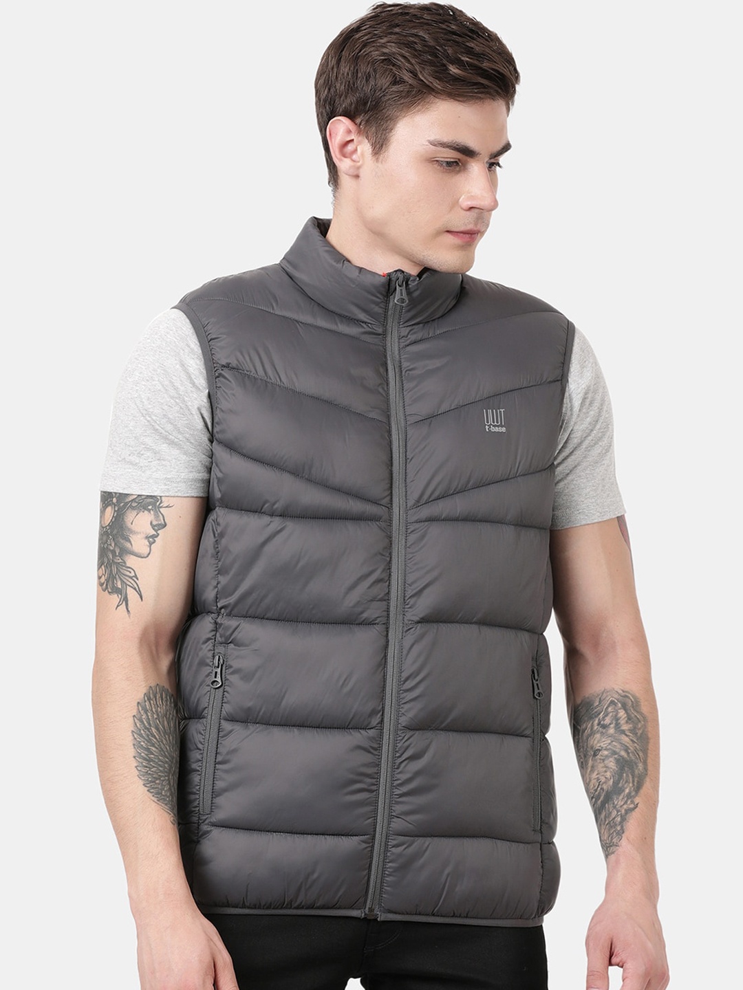 

t-base Men Grey Windcheater and Water Resistant Puffer Jacket