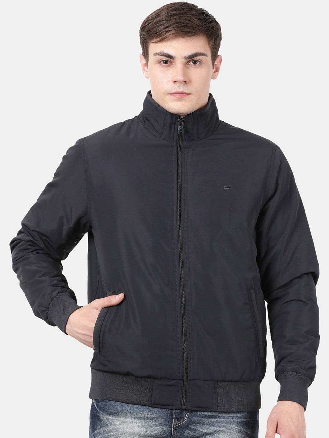

t-base Men Navy Blue Windcheater and Water Resistant Bomber Jacket