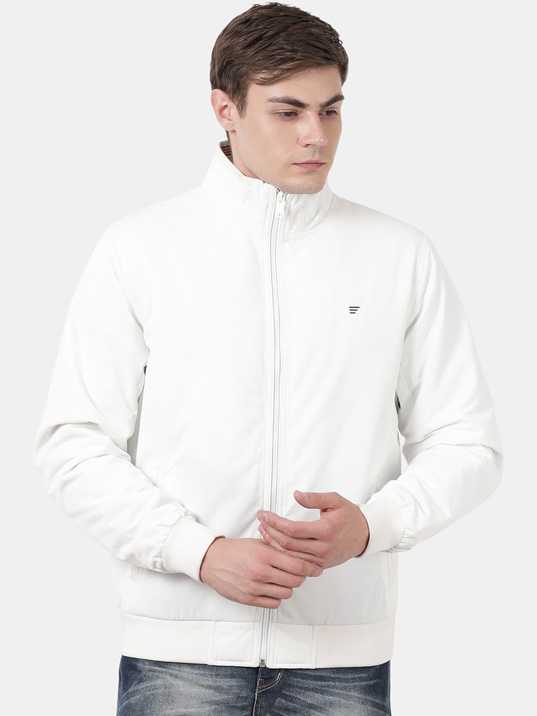

t-base Men's Full Sleeve White Windcheater And Water Resistant Sporty Jacket