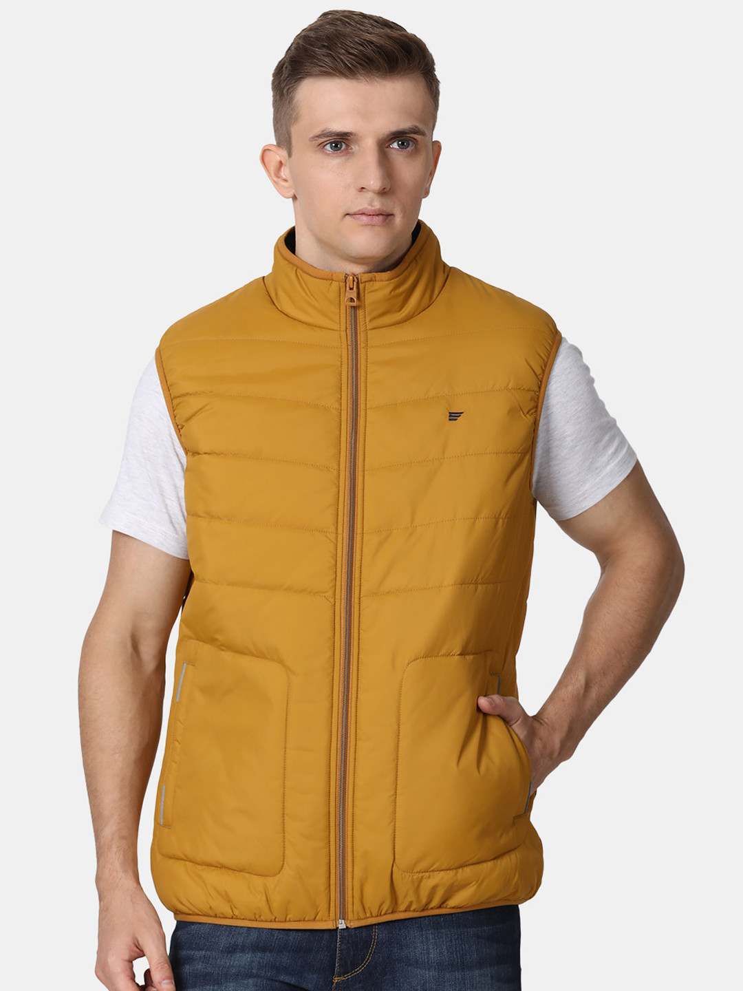 

t-base Men's Sleeveless Yellow Windcheater And Water Resistant Puffer Jacket